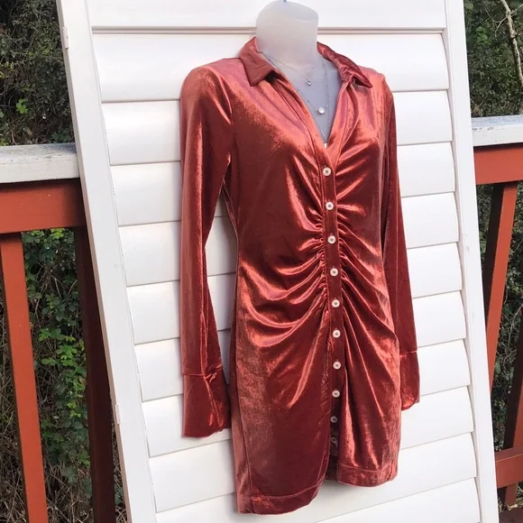 Free People Copper Rust Metallic Button Ruched Long Sleeve Dress - Picture 3 of 10